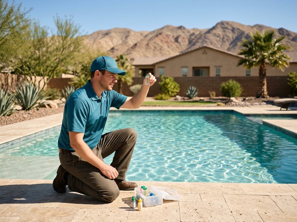Pool technician balancing water chemistry on a clear backyard pool in Las Vegas